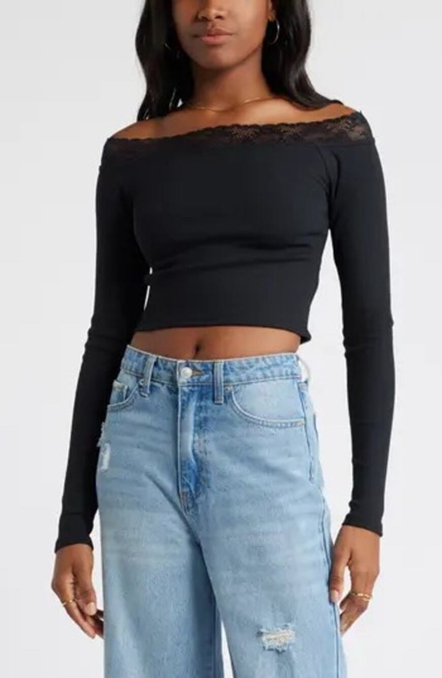 NWOT BP Off Shoulder Crop Top Lace Trim Detail Black Sz Small